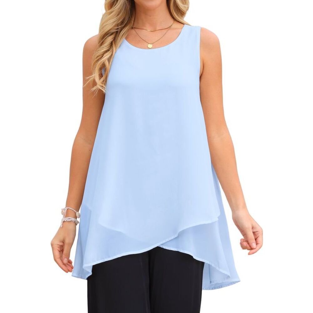 Women's High Low Top Sleeveless Chiffon Blouse Crewneck Summer Tops Sky Blue